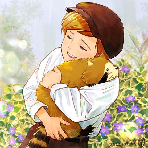 1boy, animal, animal_hug, araiguma_rascal, belt, black_belt, blonde_hair, brown_hat
