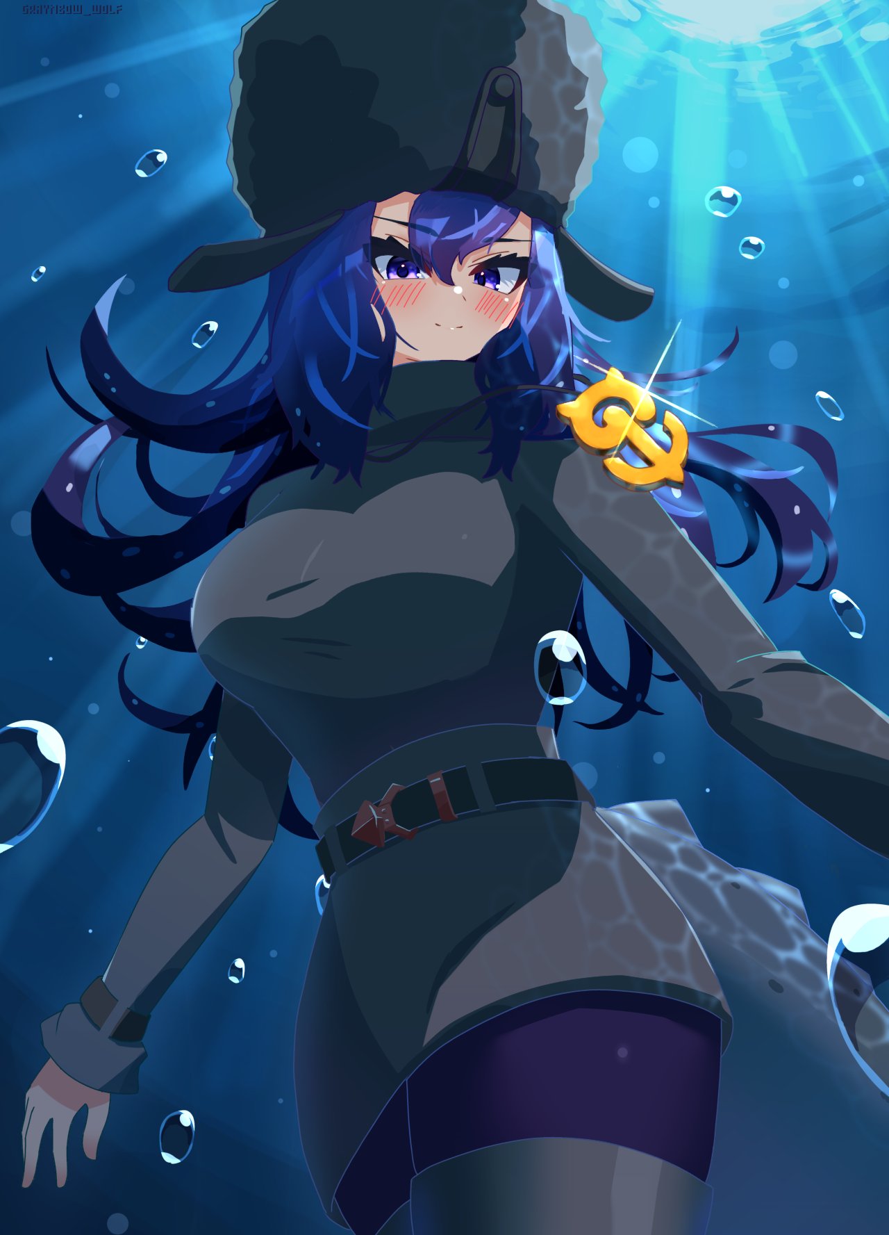 1girl, anchor_necklace, black_boots, black_hair, black_skirt, black_sweater, blue_eyes, blue_hair