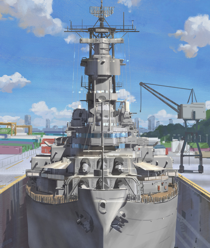 1girl, anchor, battleship, blue_sky, cannon, clouds, crane_(machine), drydock