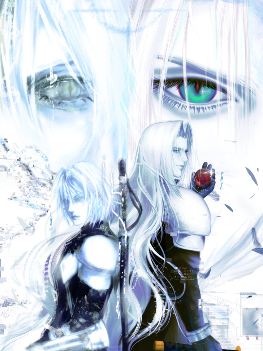 2boys, age_progression, aqua_eyes, armor, back-to-back, bangle, black_coat, black_gloves