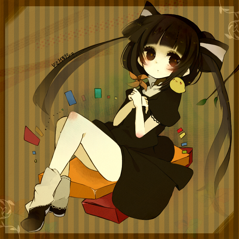 alternate_color, alternate_hair_color, bad_id, bird, black_hair, chick, crossed_arms, domino_taoshi_(vocaloid)