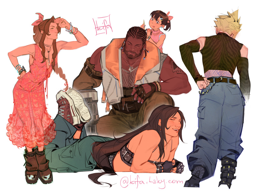 2boys, 3girls, aerith_gainsborough, alternate_costume, arm_tattoo, artist_name, bare_shoulders, barret_wallace