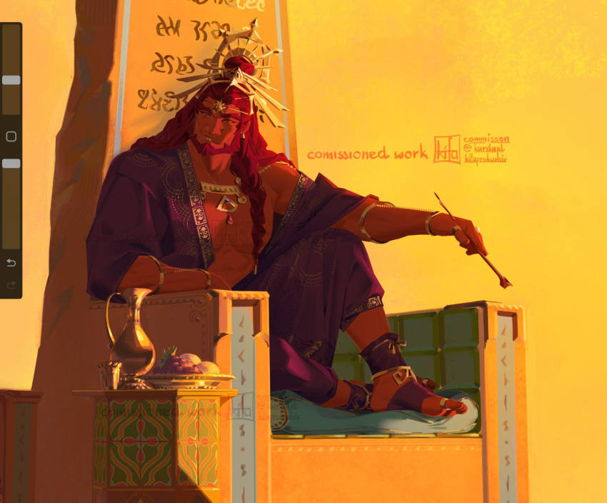 1boy, beard, braid, colored_skin, commission, earrings, facial_hair, food