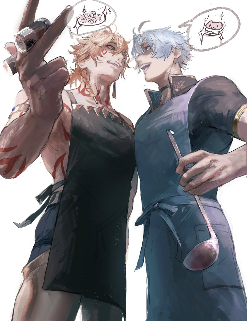 2boys, antenna_hair, aonon_040, apron, arm_tattoo, armored_boots, black_apron, black_choker