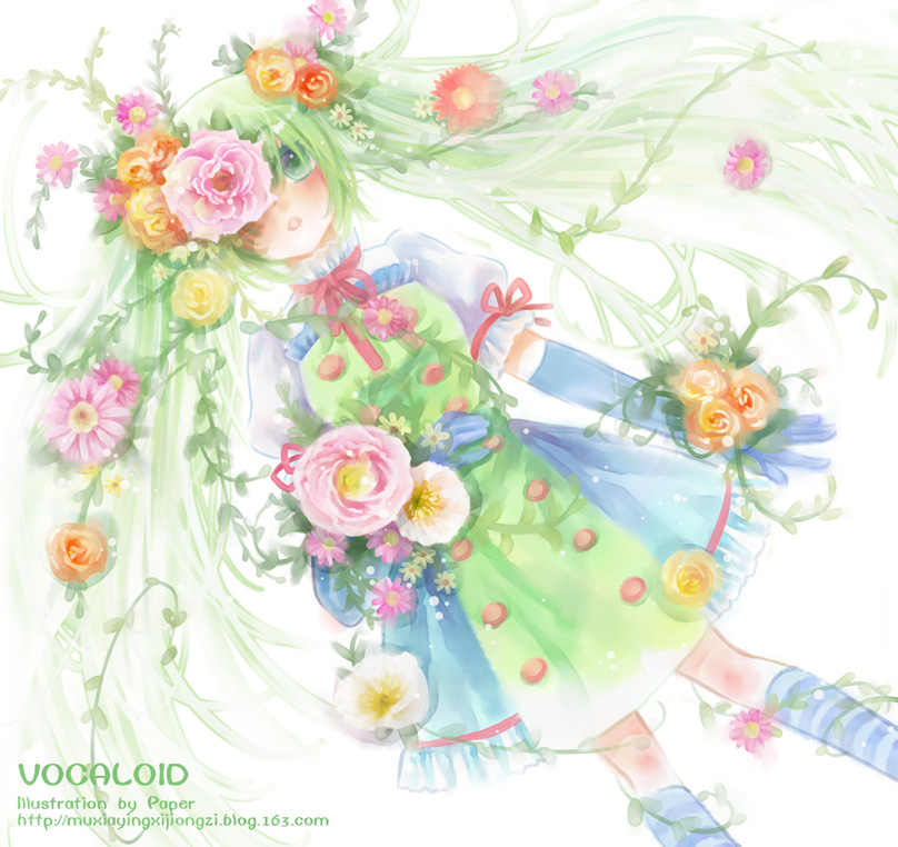 dress, elbow_gloves, flower, gloves, green_eyes, green_hair, hatsune_miku, kneehighs, long_hair, muxiaying, solo, striped, striped_legwear, twintails, very_long_hair, vocaloid