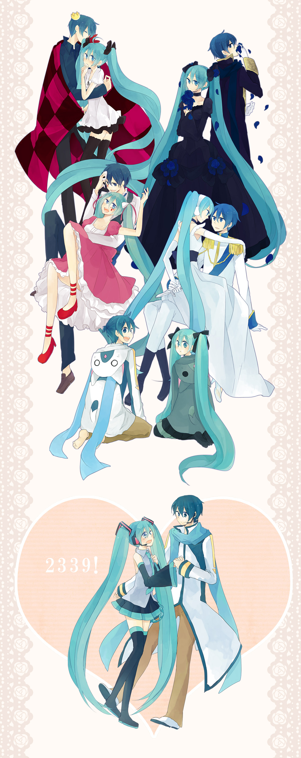 aqua_eyes, aqua_hair, blue_eyes, blue_hair, cantarella_(vocaloid), cendrillon_(vocaloid), couple, crazy_clown_(vocaloid)