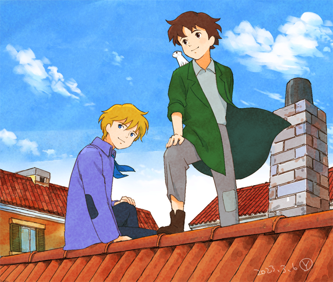 2boys, alfredo_martini, animal_on_shoulder, black_eyes, black_pants, blonde_hair, blue_eyes, blue_neckerchief