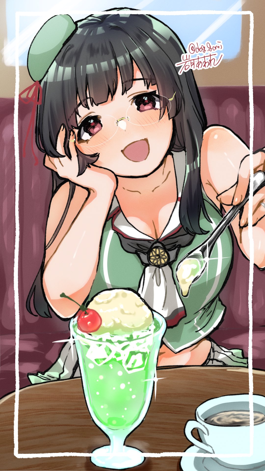 artist_name, beret, black_hair, cherry, choukai_(kancolle), choukai_kai_ni_(kancolle), cream_soda_(soda), cup