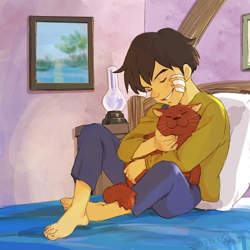 1boy, animal, animal_hug, animal_on_lap, anzelmo_rossi, barefoot, bed_sheet, black_hair, blue_pants, brown_cat, cat, chin_rub, closed_eyes, commentary, dated, feet, indoors, lamp, lowres, male_focus, nightstand, on_bed, on_lap, painting_(object), palmo_(romeo_no_aoi_sora), pants, parted_lips, picture_frame, pillow, romeo_no_aoi_sora, sakai_yume, shirt, short_hair, signature, sitting, smile, suspenders, whiskers, yellow_shirt