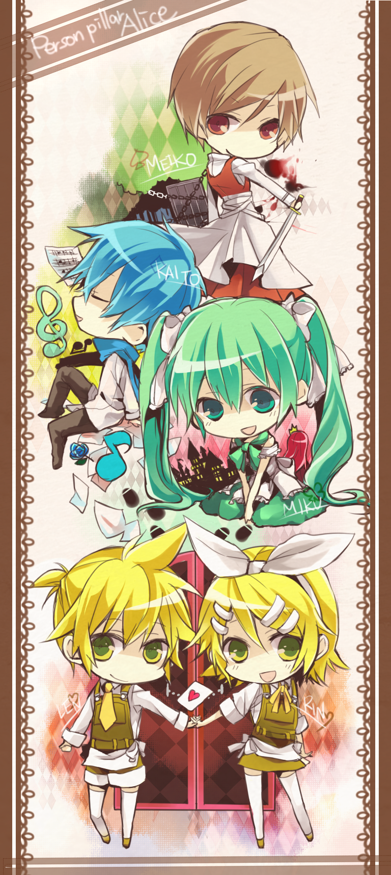 blue_hair, bow, brown_eyes, brown_hair, chibi, closed_eyes, dress, eyes_closed