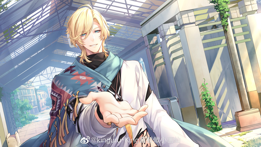 1boy, absurdres, aqua_eyes, architecture, beckoning, black_pants, black_undershirt, blonde_hair