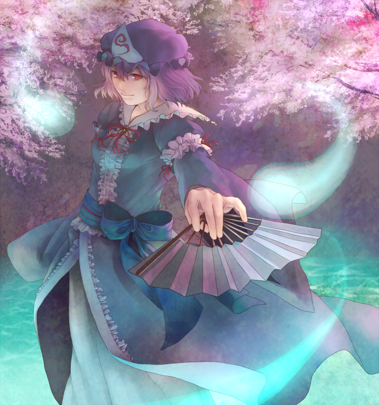 bad_id, blue_dress, cherry_blossoms, dress, fan, ghost, hat, kuma_ym