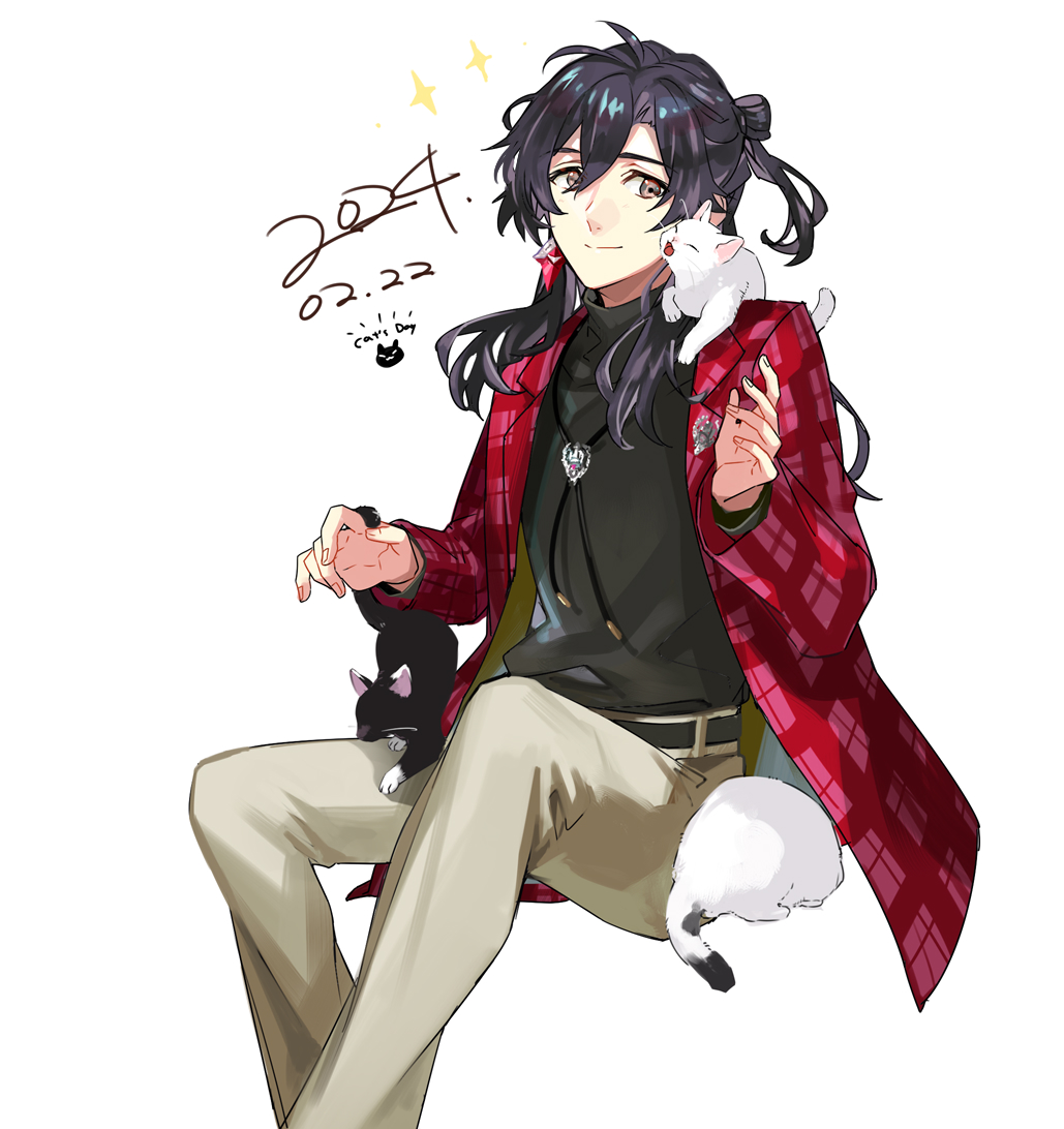 1boy, animal_on_lap, animal_on_shoulder, belt, black_belt, black_cat, black_hair, black_shirt, bolo_tie, brown_eyes, cat, cat_day, closed_mouth, commentary, constantine_xi_(eternal_roma)_(fate), constantine_xi_(fate), curtained_hair, dated, dated_commentary, earrings, fate/grand_order, fate_(series), feet_out_of_frame, hair_between_eyes, half_updo, hands_up, heki0529, invisible_chair, jacket, jewelry, lapels, long_hair, long_sleeves, looking_at_animal, male_focus, notched_lapels, official_alternate_costume, on_lap, open_clothes, open_jacket, pants, plaid_clothes, plaid_jacket, red_jacket, shirt, sideways_glance, simple_background, sitting, smile, solo, sparkle, tareme, turtleneck, turtleneck_shirt, tuxedo_cat, white_background, white_cat, yellow_pants
