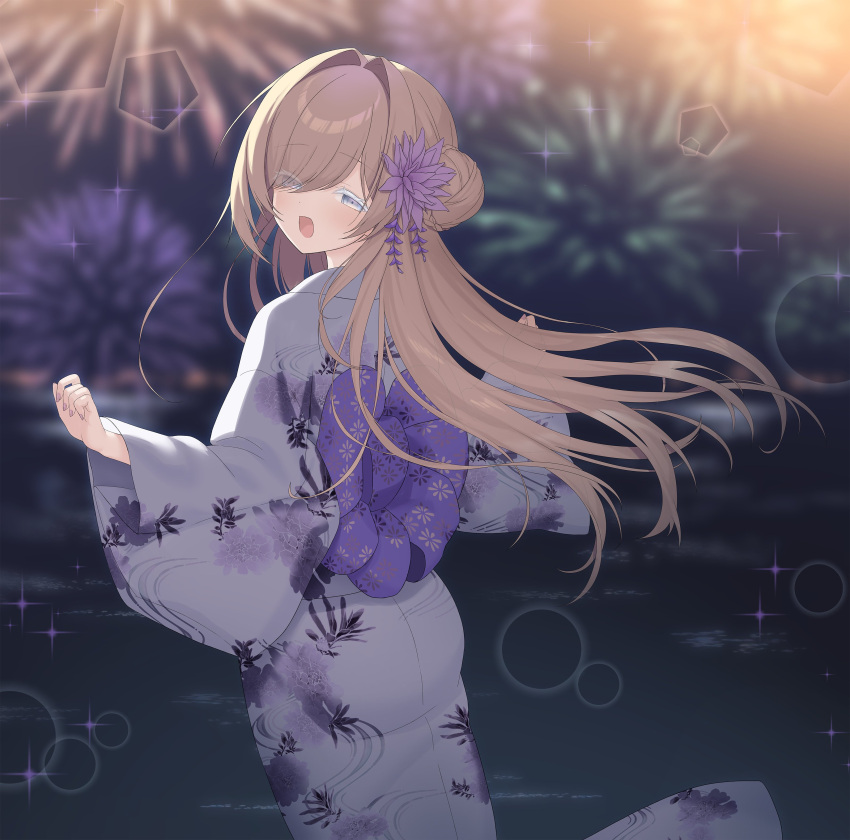 1girl, absurdres, aerial_fireworks, alternate_costume, blonde_hair, blurry, blurry_background, commission