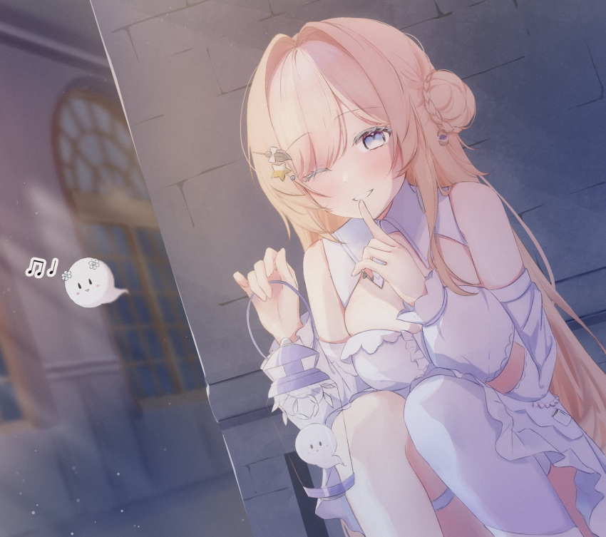 1girl, azure_(sor_azr), bare_shoulders, blonde_hair, bun_with_braided_base, cleavage_cutout, clothing_cutout, commission