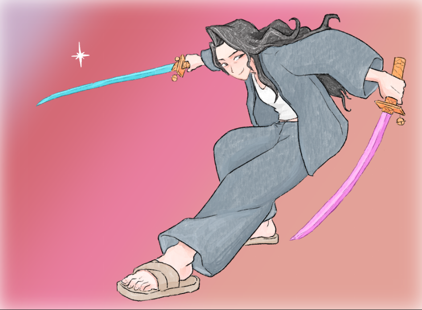 1girl, black_hair, celine_(kpop_demon_hunters), closed_mouth, commentary_request, full_body, holding, holding_sword