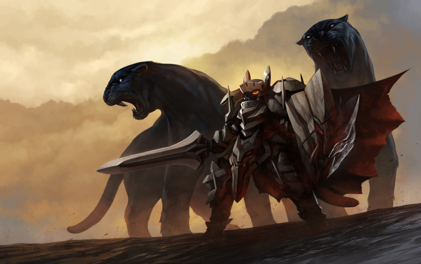 armor, black_panther, cape, giant_animal, gugu_(monkey), large_animal, open_mouth, original
