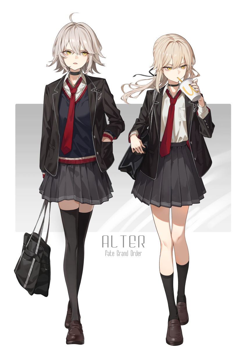 2girls, absurdres, alternate_costume, artoria_pendragon_(fate), bag, black_bag, black_choker, black_jacket