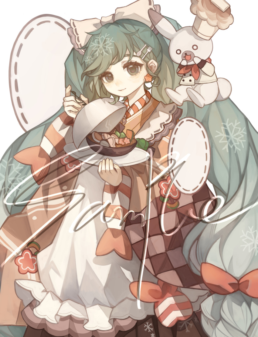 1girl, 1other, apron, bow, chef_hat, closed_mouth, earrings, fork_hair_ornament