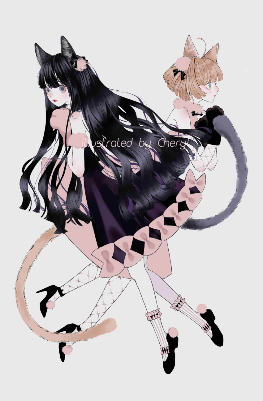 2girls, absurdres, ahoge, animal_ear_fluff, animal_ears, animal_hands, ankle_socks, aqua_eyes