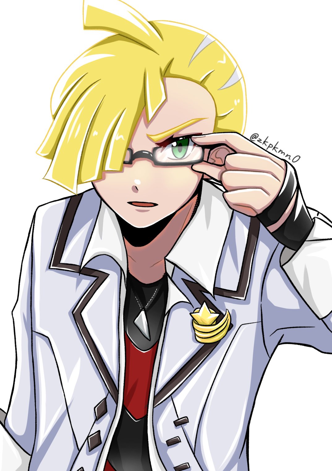 1boy, ahoge, bespectacled, black_shirt, blonde_hair, collarbone, gladion_(academy)_(pokemon), gladion_(pokemon)