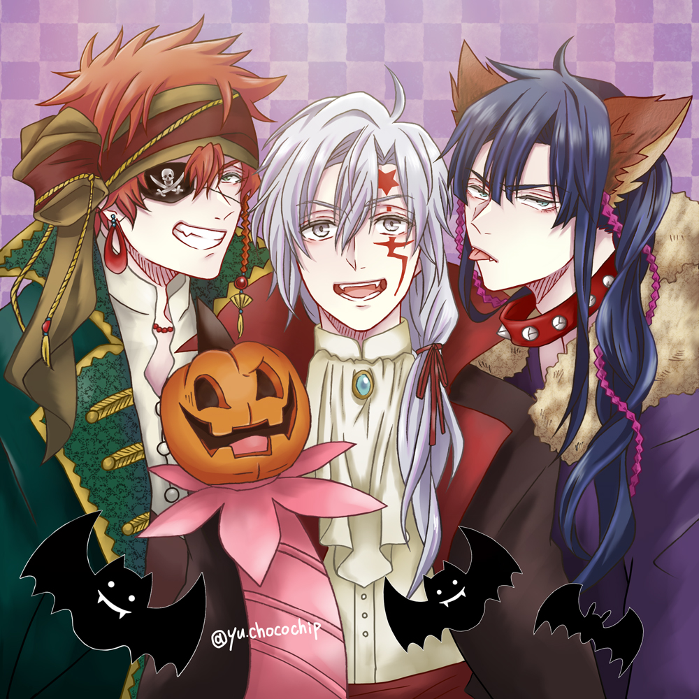 3boys, ahoge, allen_walker, animal_ears, bat_(animal), bead_necklace, beads, blue_eyes