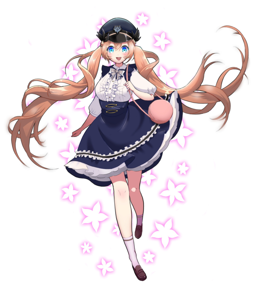 1girl, absurdres, alternate_costume, arata_ei, blonde_hair, blue_eyes, blue_hat, breasts