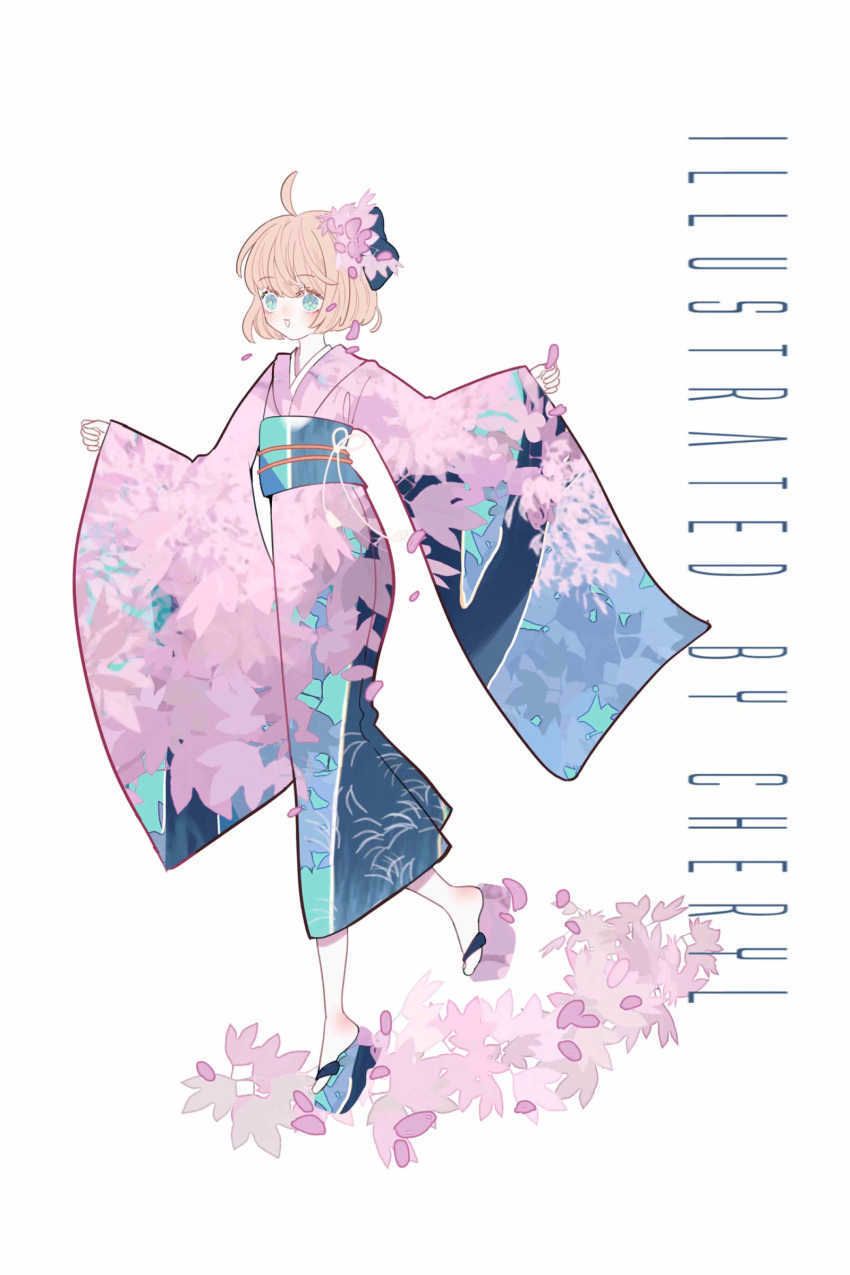 1girl, absurdres, ahoge, aqua_eyes, artist_name, asymmetrical_footwear, blue_kimono, blue_sandals