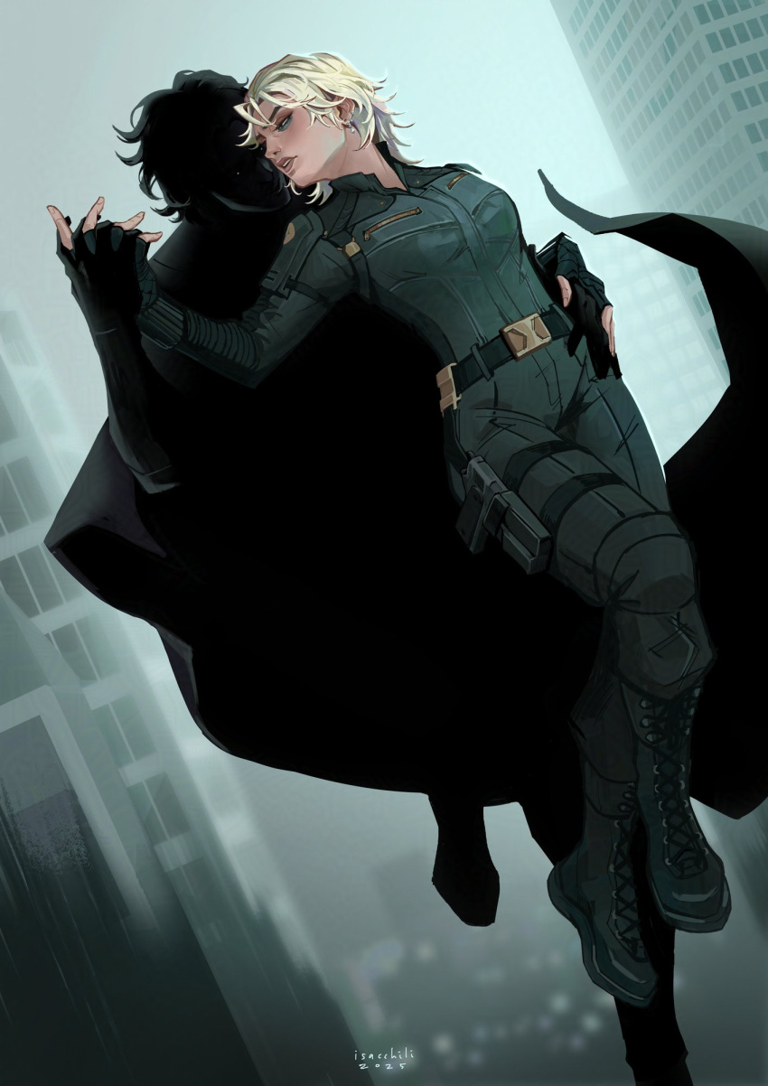 1boy, 1girl, animification, black_bodysuit, blonde_hair, bodysuit, earrings, fingerless_gloves