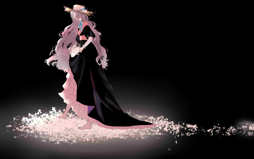 1girl, absurdres, aqua_bow, aqua_bowtie, beret, black_background, black_dress, bouquet