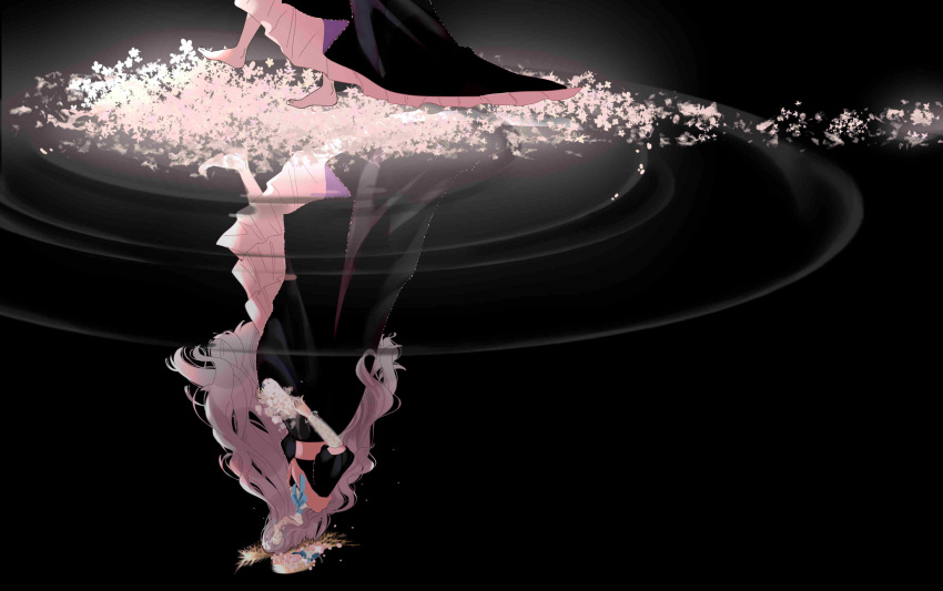 1girl, absurdres, aqua_bow, aqua_bowtie, beret, black_background, black_dress, bouquet
