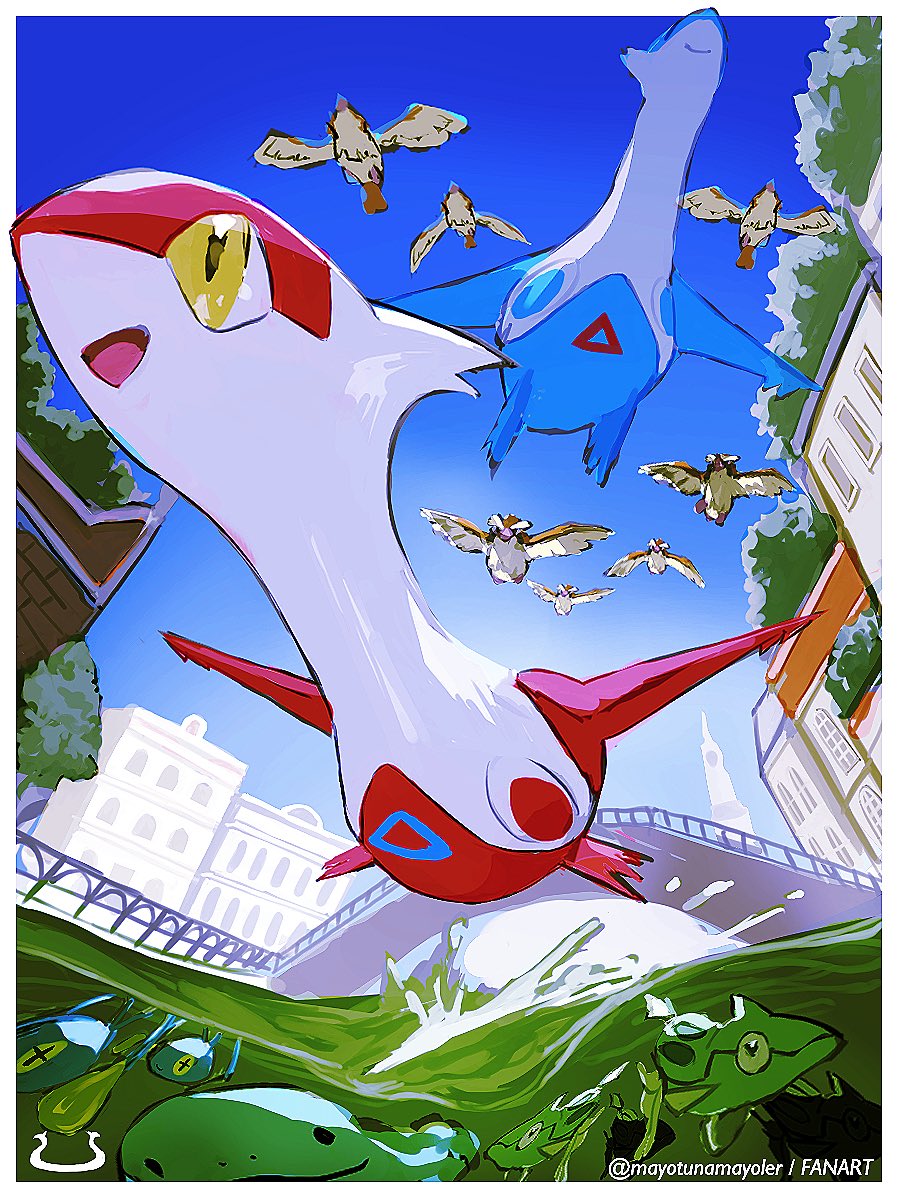 alto_mare, bird, blue_sky, bridge, canal, chinchou, claws, closed_mouth