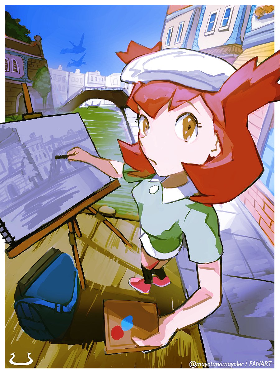 1girl, alto_mare, bag, bianca_(pokemon_heroes), black_socks, blue_bag, blue_sky, breasts, brown_eyes, brown_hair, building, canal, day, dock, easel, green_shirt, hat, highres, holding, in-universe_location, latias, latios, looking_at_viewer, mayotsunamayo, miniskirt, open_mouth, outdoors, painting_(action), pink_shoes, pokemon, pokemon_(anime), pokemon_(classic_anime), pokemon_(creature), pokemon_heroes:_latios_&amp;_latias, shirt, shoes, short_hair, short_sleeves, silhouette, sketchbook, skirt, sky, socks, standing, water, white_skirt