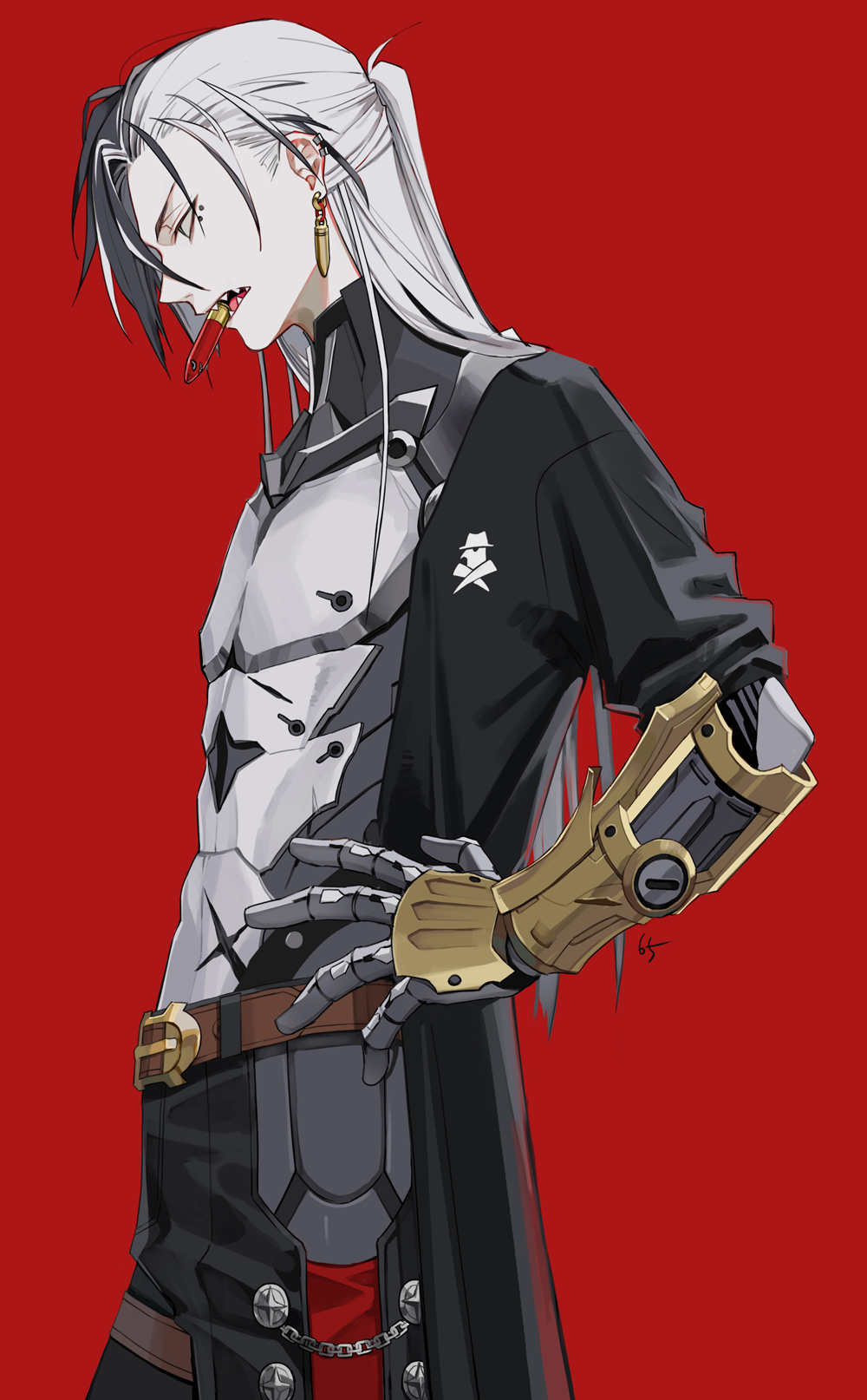1boy, belt, black_belt, black_coat, black_hair, boothill_(honkai:_star_rail), bullet_earrings, bullet_in_mouth