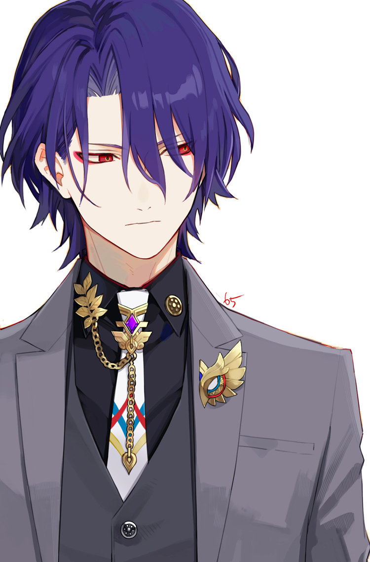1boy, black_shirt, brooch, collared_shirt, commentary_request, dr._ratio_(honkai:_star_rail), eyeshadow, frown