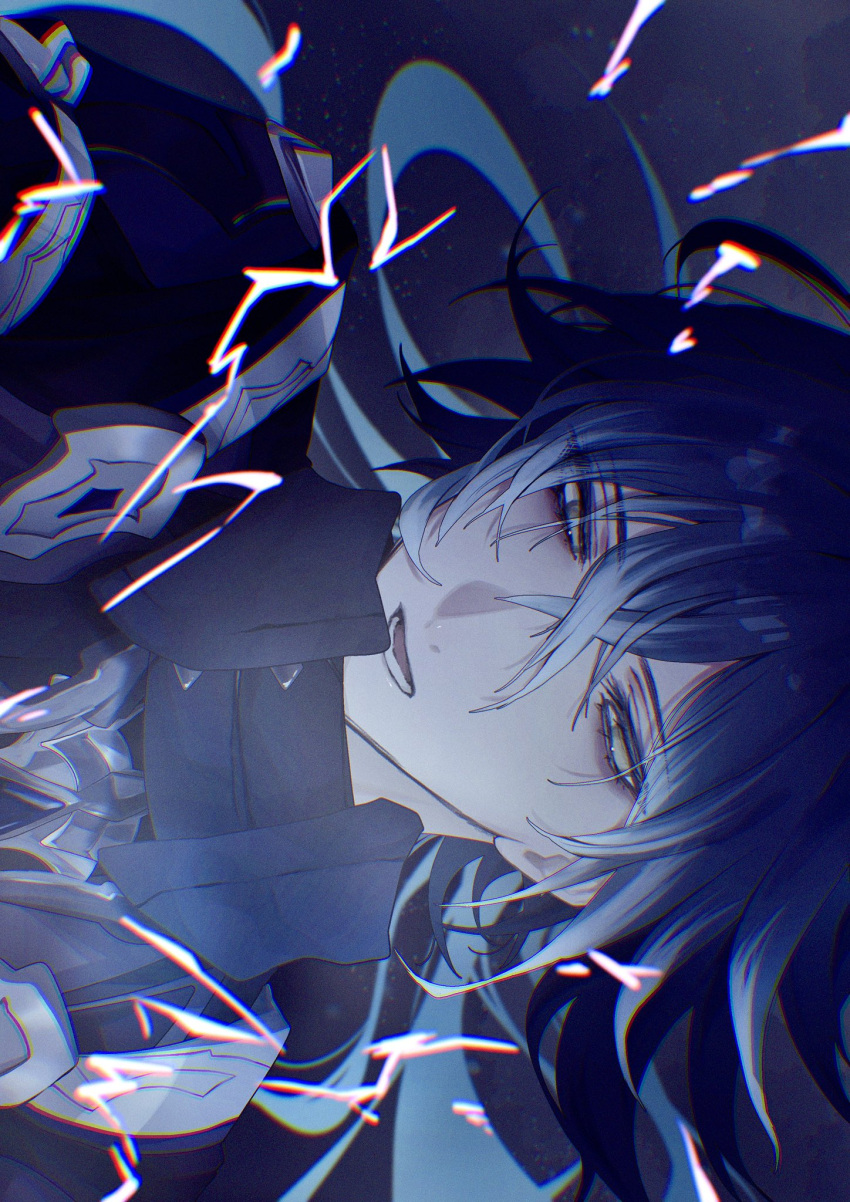 1boy, black_jacket, blue_hair, blue_theme, collared_shirt, commentary, crossed_bangs, double-parted_bangs, electricity, eyelashes, flins_(genshin_impact), floating_hair, genshin_impact, hair_between_eyes, hashtag-only_commentary, highres, jacket, long_hair, lower_teeth_only, male_focus, ru_u_01, shirt, sideways, solo, teeth, upper_body, yellow_eyes