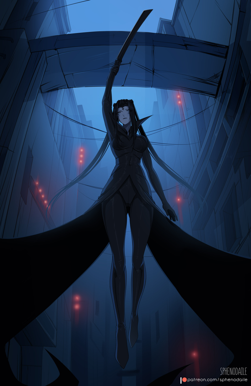 1girl, absurdres, arm_up, artist_name, black_bodysuit, black_hair, blame!, blue_eyes