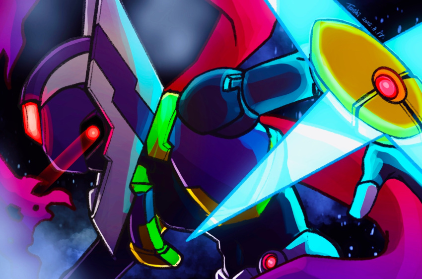 1boy, armor, energy_blade, eye_trail, forehead_jewel, glowing, glowing_eye, glowing_eyes