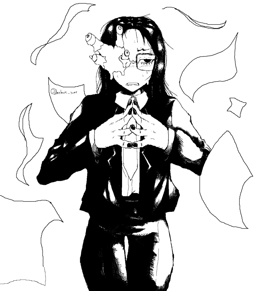 1girl, black_hair, black_nails, commentary, coral, coral_glasses, crosshatching, ena_(series), glasses, greyscale, hatching_(texture), highres, long_hair, memori_yume, monochrome, necktie, paper, simple_background, solo, sweat, twitter_username, white_background, white_necktie