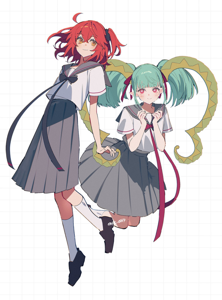 2girls, ahoge, aqua_hair, black_bow, black_scrunchie, black_shoes, blush, bow