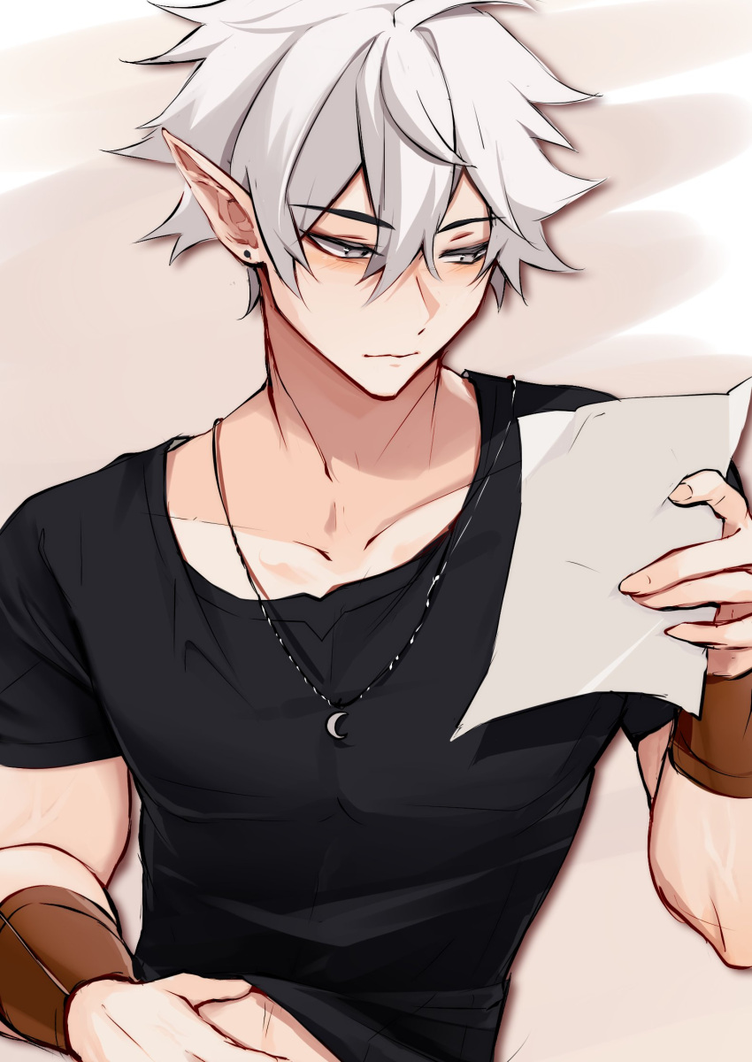 1boy, 1hp_club, black_shirt, commentary, crescent, crossed_bangs, double-parted_bangs, earrings