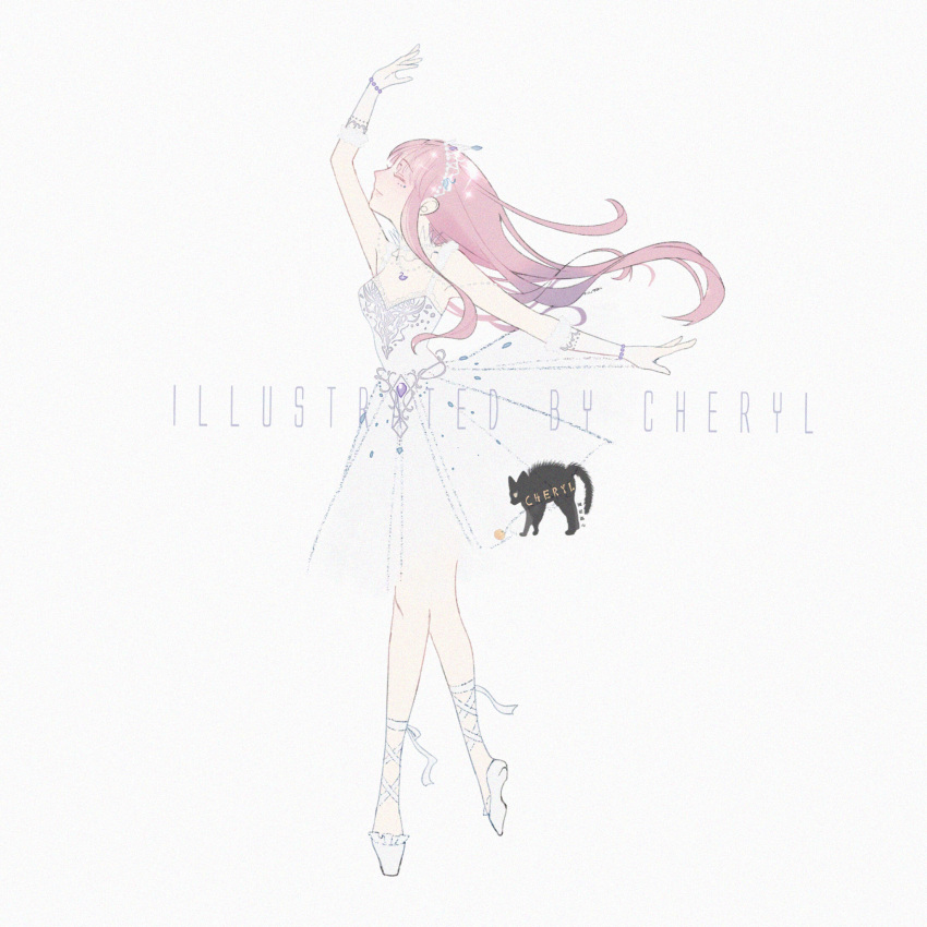 1girl, arm_up, artist_name, ballet_slippers, cheryl_qaq, closed_eyes, dress, floating_clothes, floating_hair, full_body, fur-trimmed_gloves, fur_trim, glittering_date_(shining_nikki), gloves, highres, jewelry, leg_ribbon, long_hair, medium_dress, necklace, nikki_(nikki), nikki_(series), parted_lips, pink_hair, pleated_dress, pointy_nose, ribbon, shining_nikki, shoes, simple_background, sleeveless, sleeveless_dress, smile, solo, standing, tiptoes, tutu, very_long_hair, watermark, white_background, white_dress, white_gloves, white_ribbon, white_shoes