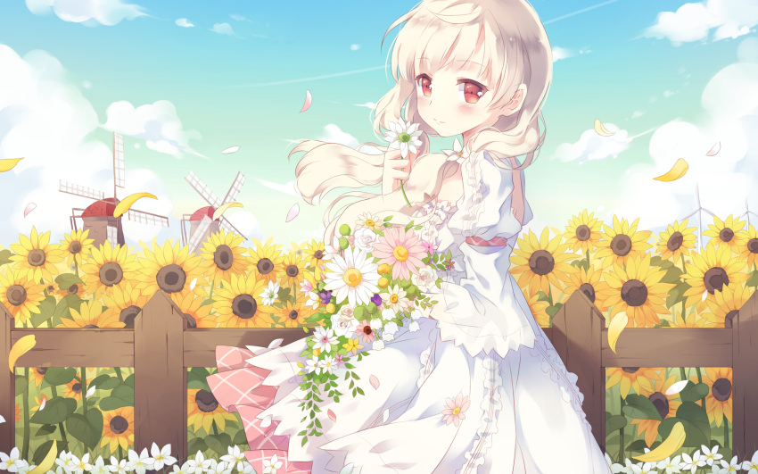 blonde_hair, blush, bouquet, brown_eyes, cafe_sourire, cuteg, dress, flower