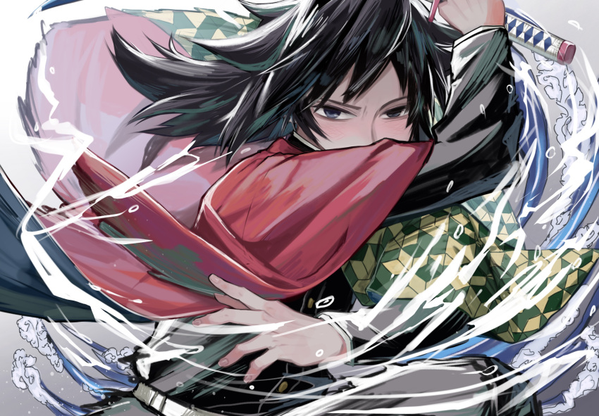 1boy, arm_up, black_hair, black_jacket, black_pants, blue_eyes, demon_slayer_uniform, empty_eyes, fighting_stance, haori, highres, holding, holding_sword, holding_weapon, jacket, japanese_clothes, kimetsu_no_yaiba, long_hair, looking_at_viewer, low_ponytail, male_focus, noko_(nowako33), pants, ponytail, red_haori, solo, spiky_hair, sword, tomioka_giyuu, water, weapon