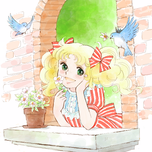 1girl, bird, blonde_hair, blue_bird, candice_white_ardlay, candy_candy_(series), commentary, curly_hair