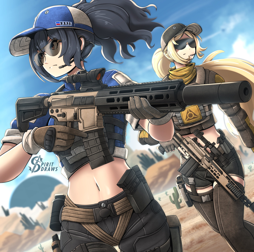 absurdres, black_hair, blonde_hair, gloves, gun, hat, highres, holding, holding_gun, holding_weapon, long_hair, long_sleeves, military, multiple_girls, open_mouth, spiritdraws, trigger_(zenless_zone_zero), weapon, zenless_zone_zero, zhu_yuan