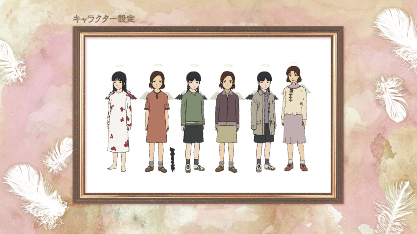 2girls, age_progression, angel, artist_request, barefoot, black_hair, black_shorts, blood