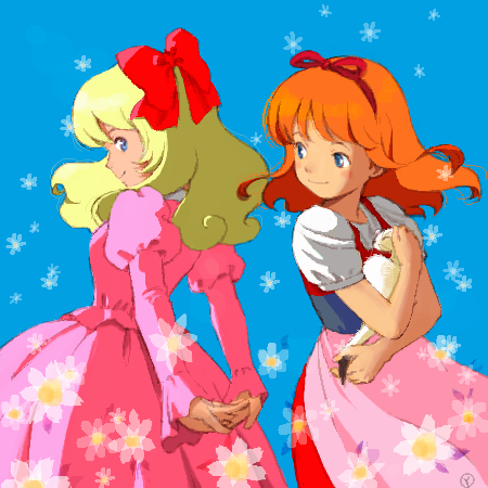 2girls, animal, anita_(romeo_no_aoi_sora), back-to-back, bianca_martini, black_corset, blonde_hair, blue_background