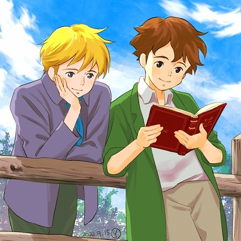 2boys, against_fence, alfredo_martini, black_eyes, blonde_hair, blue_eyes, blue_neckerchief, blue_sky