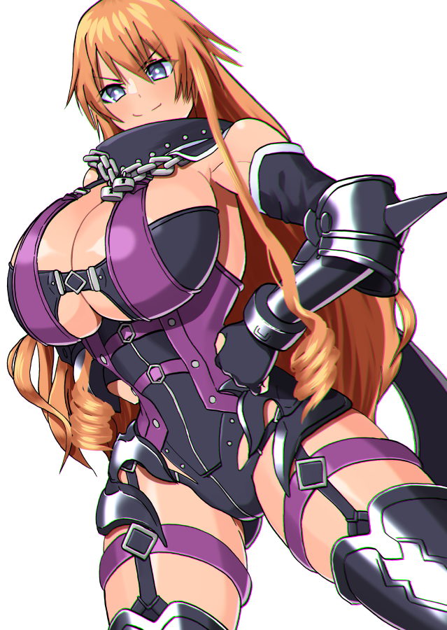 >:), 1girl, akisu_k, armor, armored_dress, armored_legwear, astral_dress, bare_shoulders, belt, black_dress, black_gloves, braid, breasts, chain, chain_necklace, date_a_live, dress, drill_hair, gloves, grey_eyes, huge_breasts, jewelry, kazamachi_yamai, large_breasts, legs, light_smile, lock, long_hair, looking_at_viewer, necklace, orange_hair, purple_dress, side_braids, simple_background, spikes, strap, thighs, twin_drills, upper_body, v-shaped_eyebrows, very_long_hair, white_background